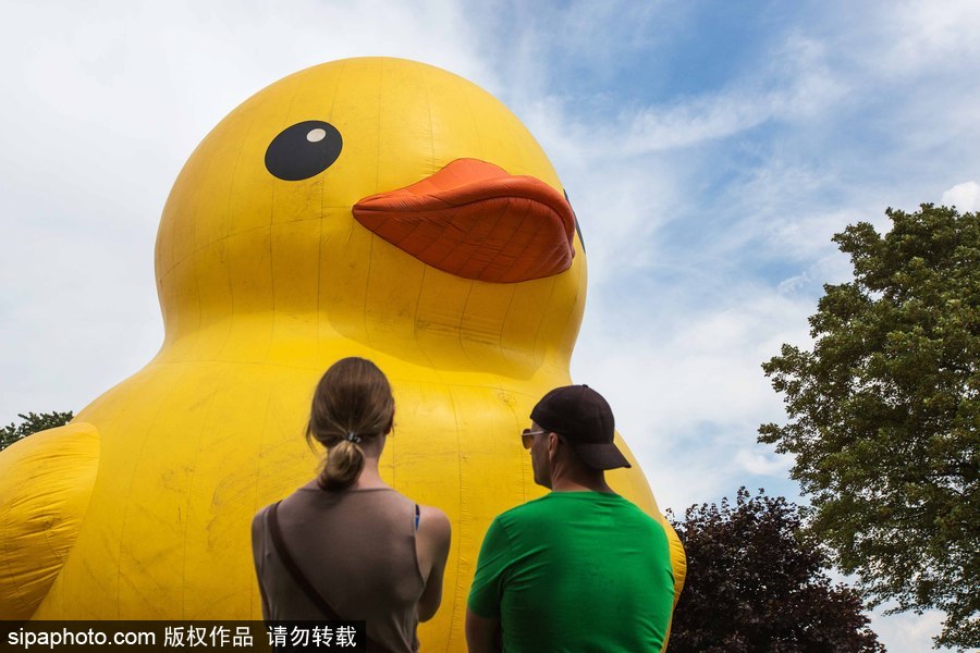 世界最大充氣大黃鴨加拿大碉堡島展出 游客爭(zhēng)相拍照留念