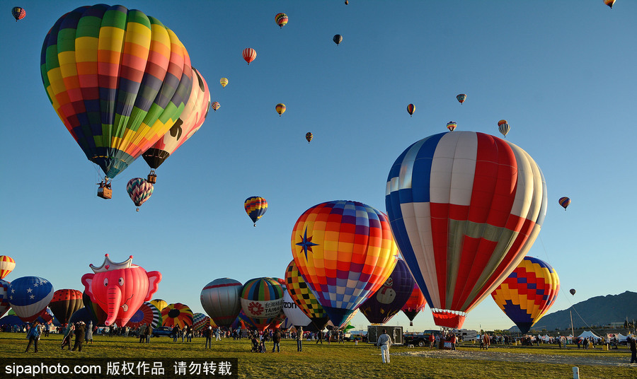 阿布奎基國際熱氣球節(jié)持續(xù)進行中 色彩斑斕點綴天空