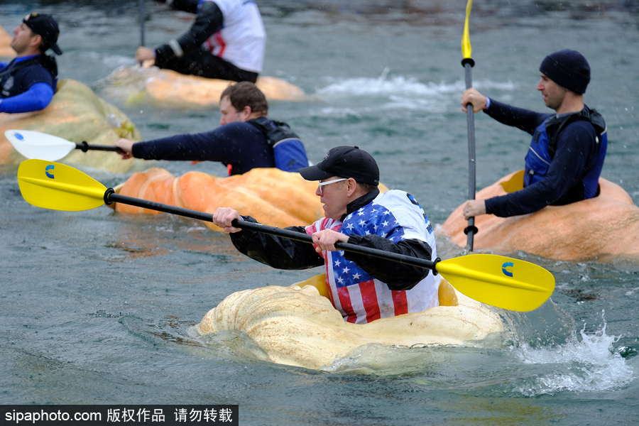 美國巨型南瓜賽舟會 選手劃小船趣味十足