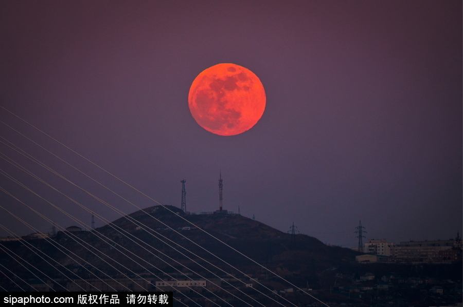 俄羅斯遠東地區(qū)超級月亮現(xiàn)身天宇 明亮壯觀